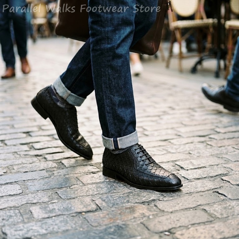 Men Shoes Oxford - Sartorial Men Oxfords Fish Scale Embossed